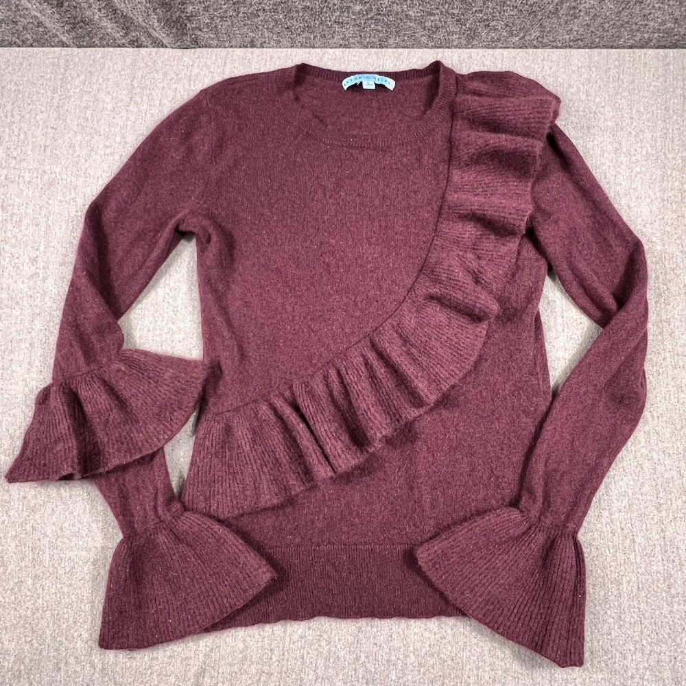 Antonio Melani Luxury Adrienne Plum Cashmere Front Ruffle Bell Sleeve Sweater S